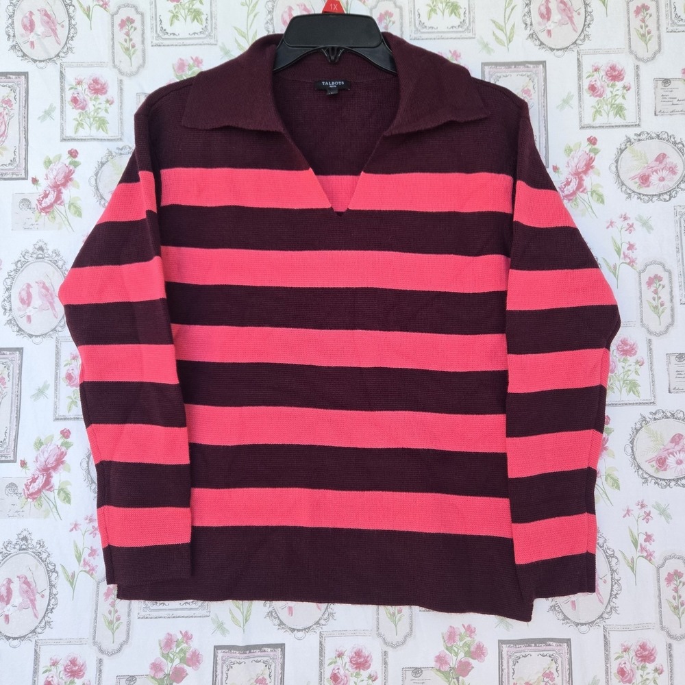 Talbots Women's Burgundy Pink Striped Johnny Collar Wool Blend Sweater Top SP